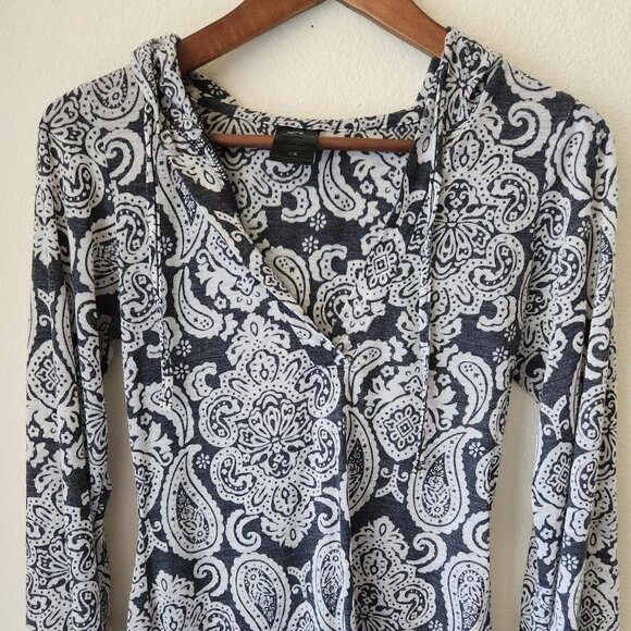 AERODYNAMICS paisley long sleeve hoodie navy and white V-neck pullover Sz S Boho - Picture 3 of 8